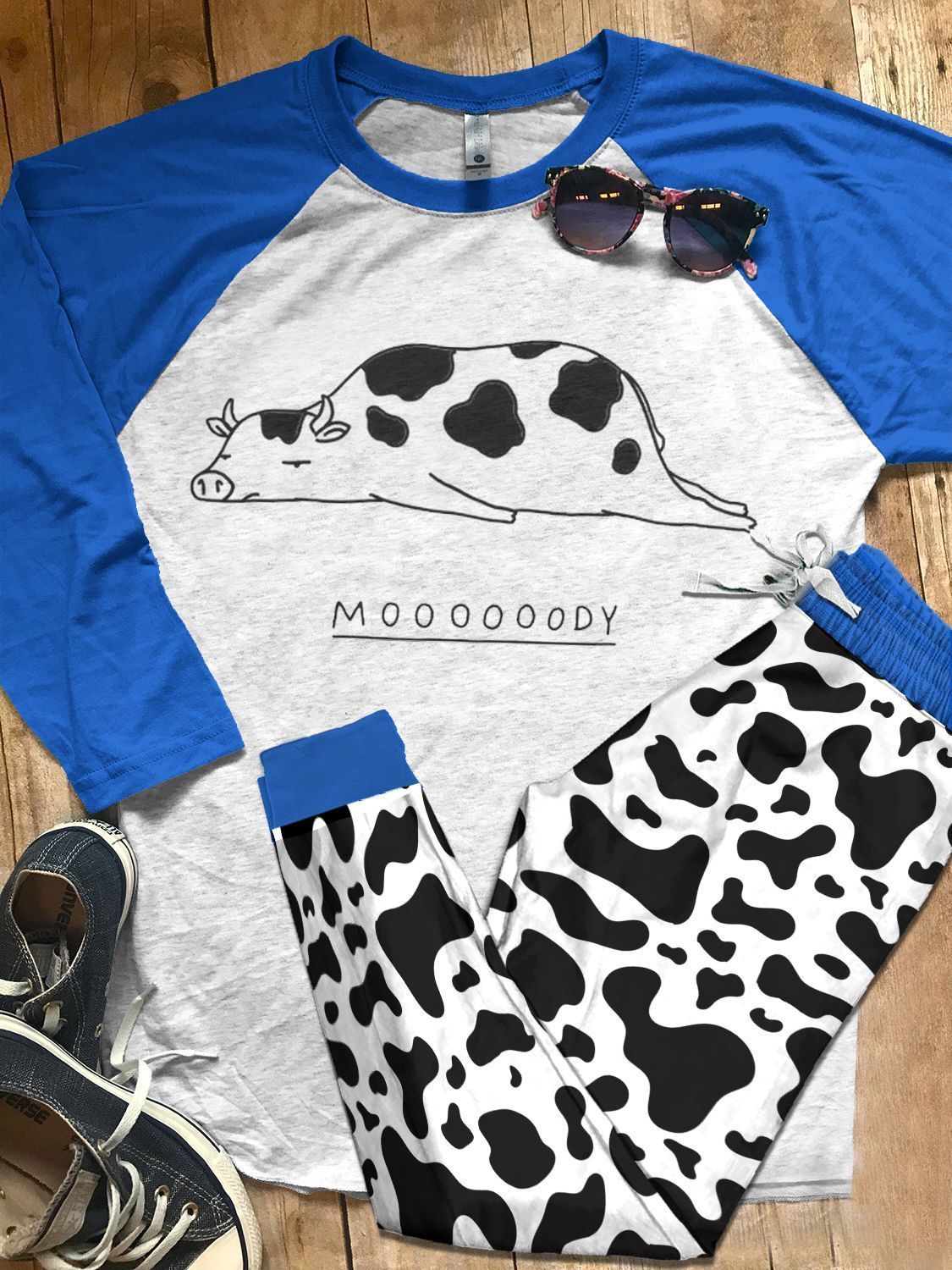 Cow Blue Nice Pajama Set |Sleepwear Pjs Sets | Raglan Shirt Pants Set