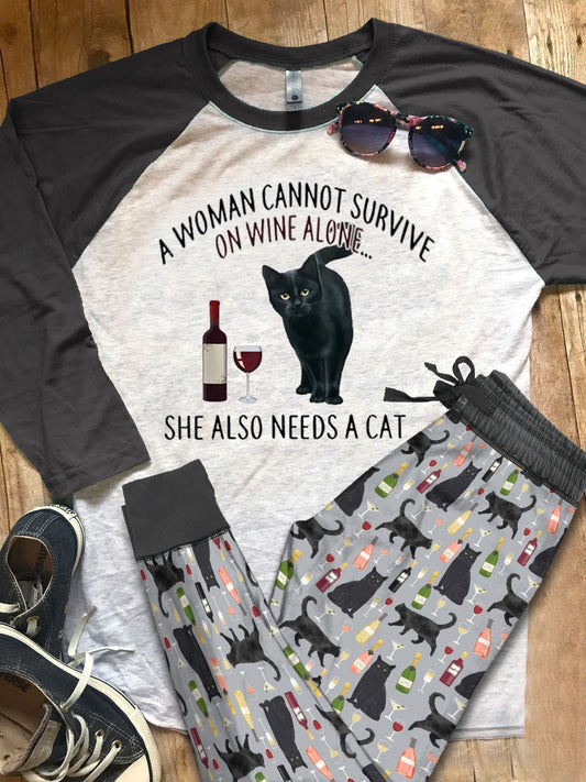 Black Cat Also Need A Cat Pajama Set |Sleepwear Pjs Sets | Raglan Shirt Pants Set