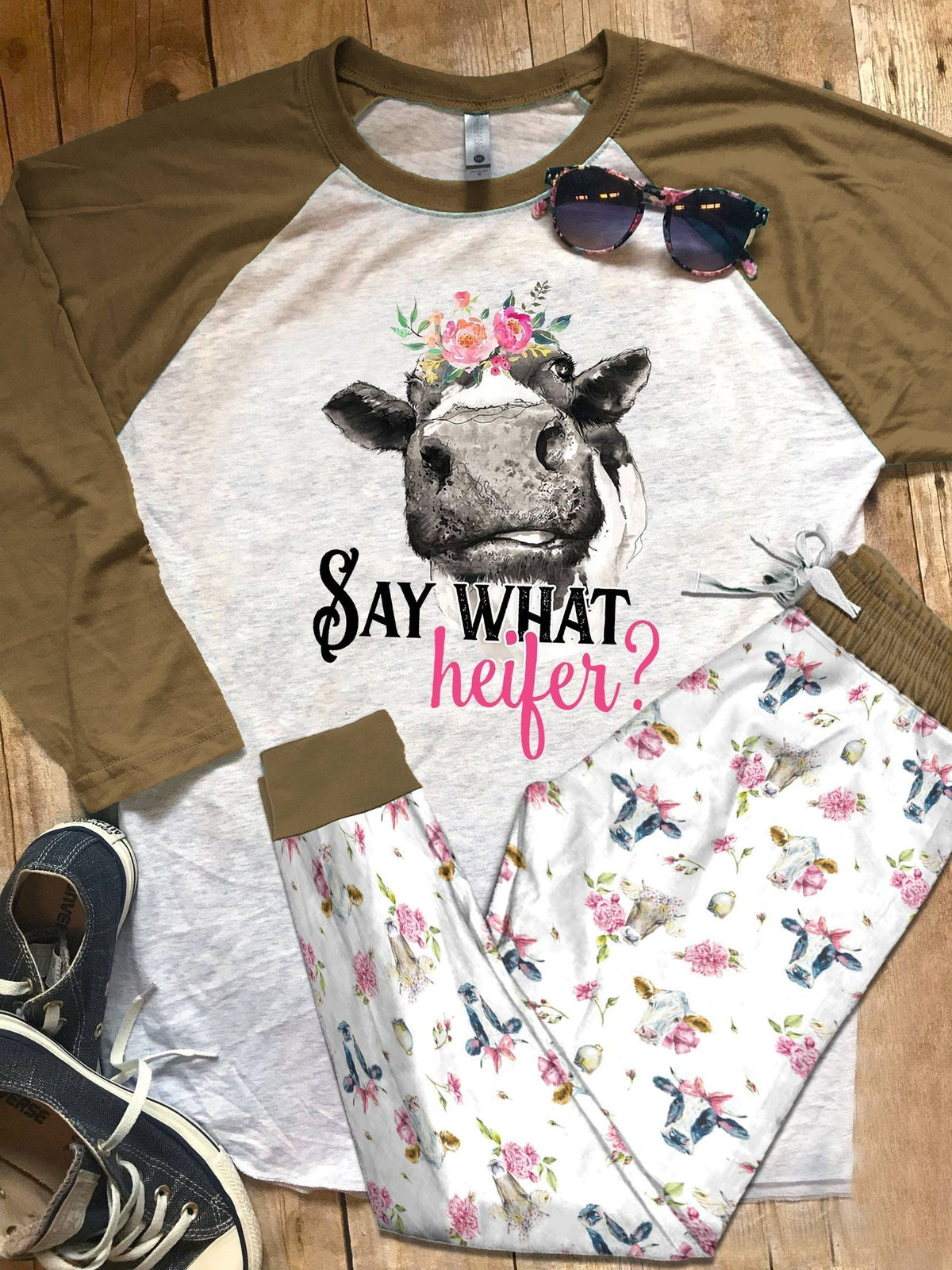 Cow Set Say What Pajama Set |Sleepwear Pjs Sets | Raglan Shirt Pants Set