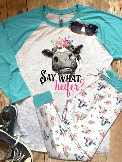 Cow Set Say What Pajama Set |Sleepwear Pjs Sets | Raglan Shirt Pants Set