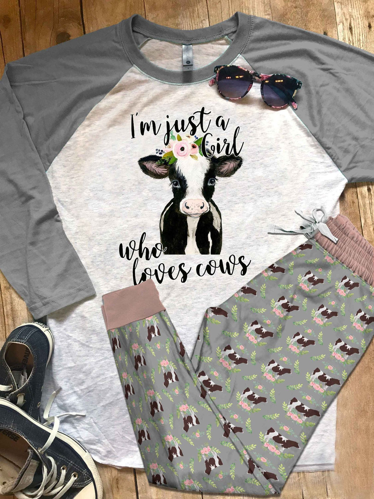 Cow Just A Girl Who Loves Cows Set Pajama Set |Sleepwear Pjs Sets | Raglan Shirt Pants Set