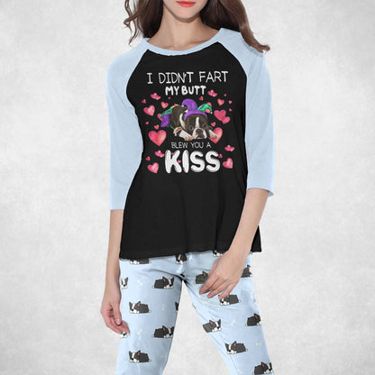 Boston Terrier Set Blew You A Kiss Pajama Set |Sleepwear Pjs Sets | Raglan Shirt Pants Set
