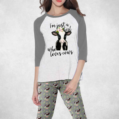 Cow Just A Girl Who Loves Cows Set Pajama Set |Sleepwear Pjs Sets | Raglan Shirt Pants Set