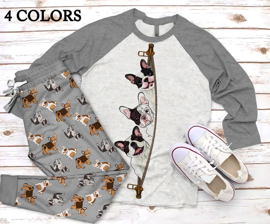 French Bulldog Zipper Pajama Set |Sleepwear Pjs Sets | Raglan Shirt Pants Set
