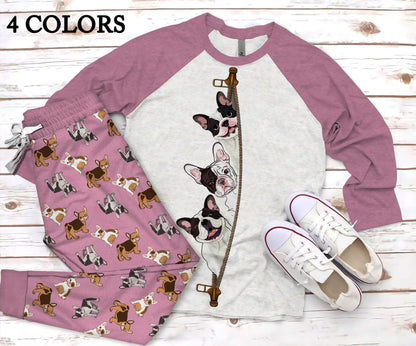 French Bulldog Zipper Pajama Set |Sleepwear Pjs Sets | Raglan Shirt Pants Set
