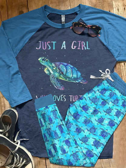 Sea Turtle Set Just A Girl Who Loves Sea Turtle Pajama Set |Sleepwear Pjs Sets | Raglan Shirt Pants Set