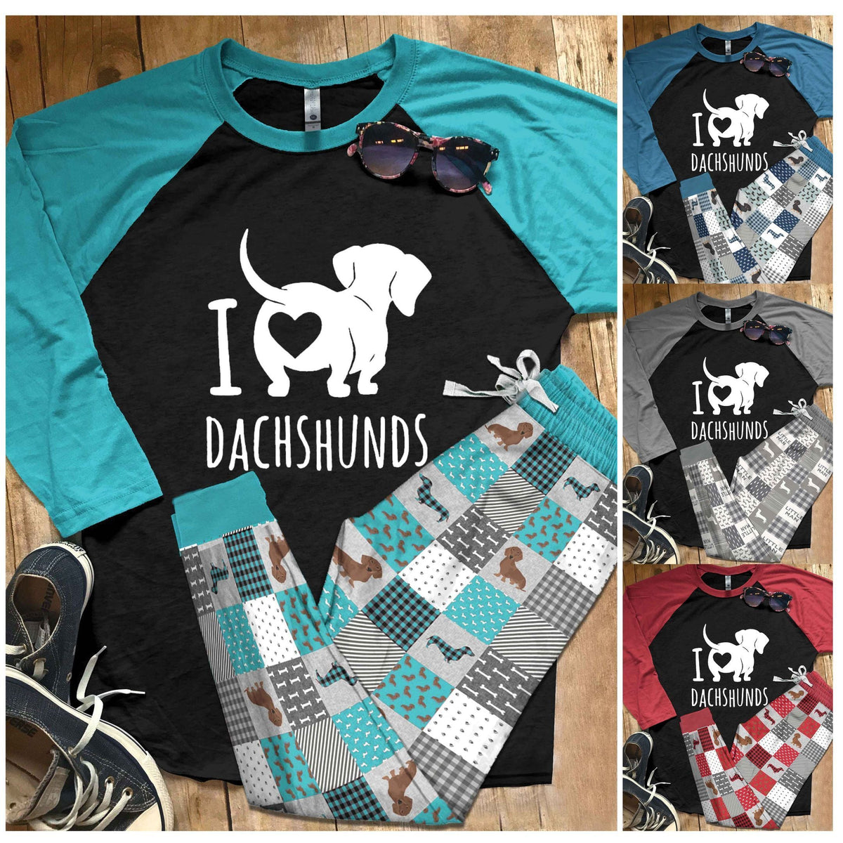 Dachshund Set I Love Dachshunds Pajama Set |Sleepwear Pjs Sets | Raglan Shirt Pants Set