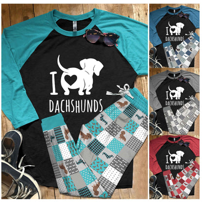 Dachshund Set I Love Dachshunds Pajama Set |Sleepwear Pjs Sets | Raglan Shirt Pants Set