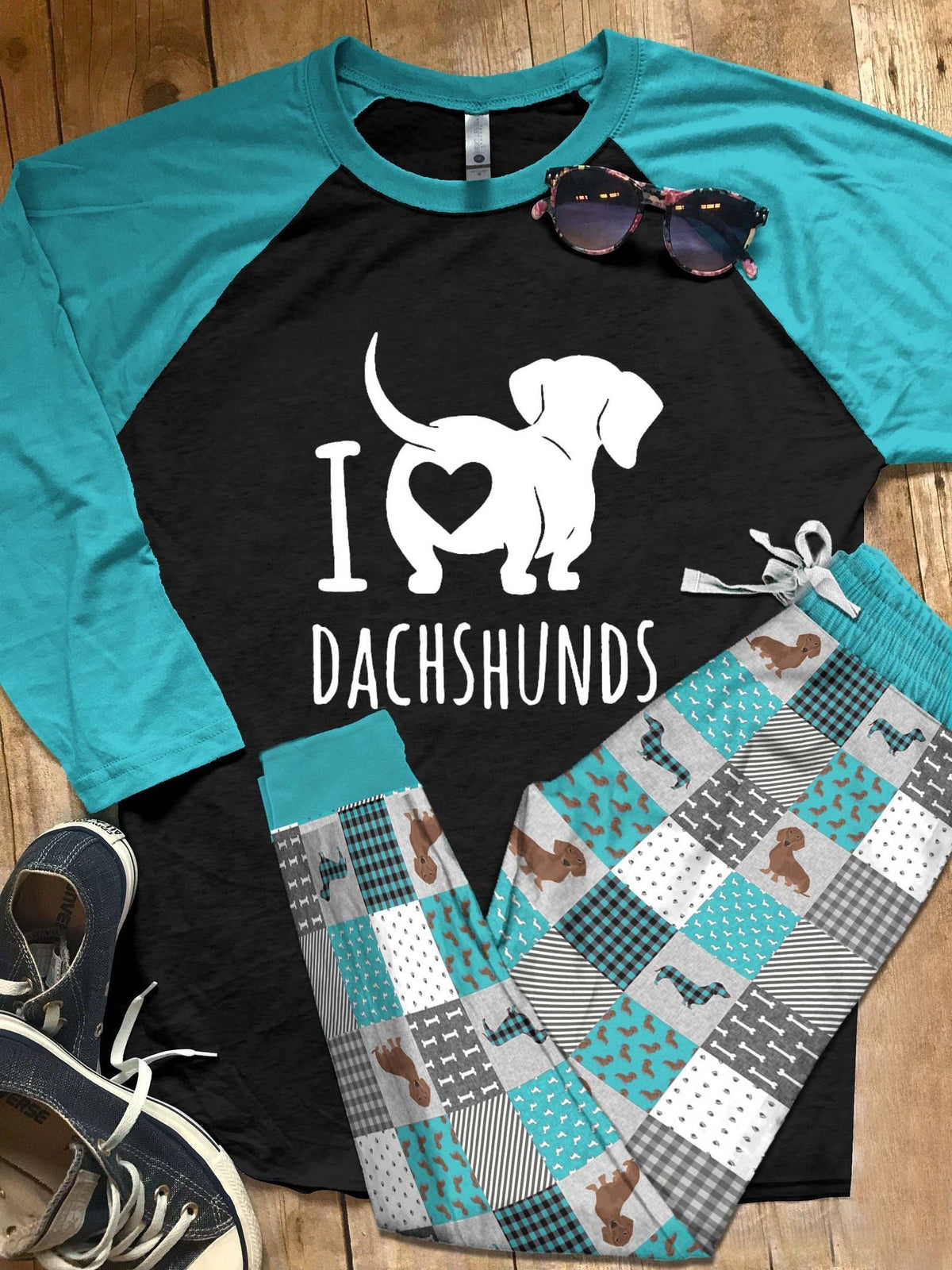 Dachshund Set I Love Dachshunds Pajama Set |Sleepwear Pjs Sets | Raglan Shirt Pants Set