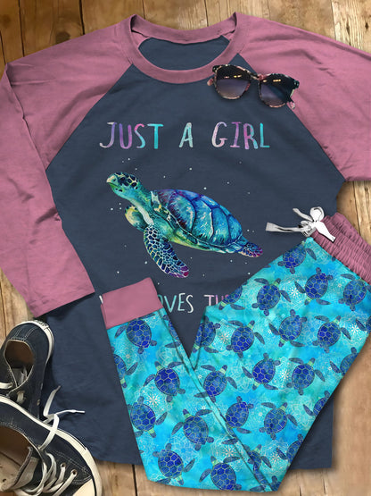 Sea Turtle Set Just A Girl Who Loves Sea Turtle Pajama Set |Sleepwear Pjs Sets | Raglan Shirt Pants Set
