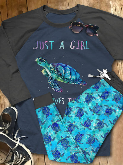 Sea Turtle Set Just A Girl Who Loves Sea Turtle Pajama Set |Sleepwear Pjs Sets | Raglan Shirt Pants Set