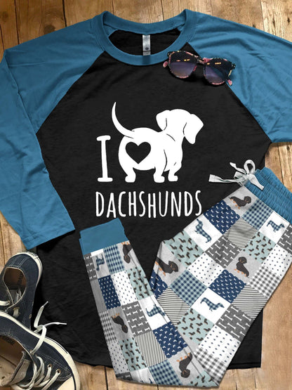 Dachshund Set I Love Dachshunds Pajama Set |Sleepwear Pjs Sets | Raglan Shirt Pants Set