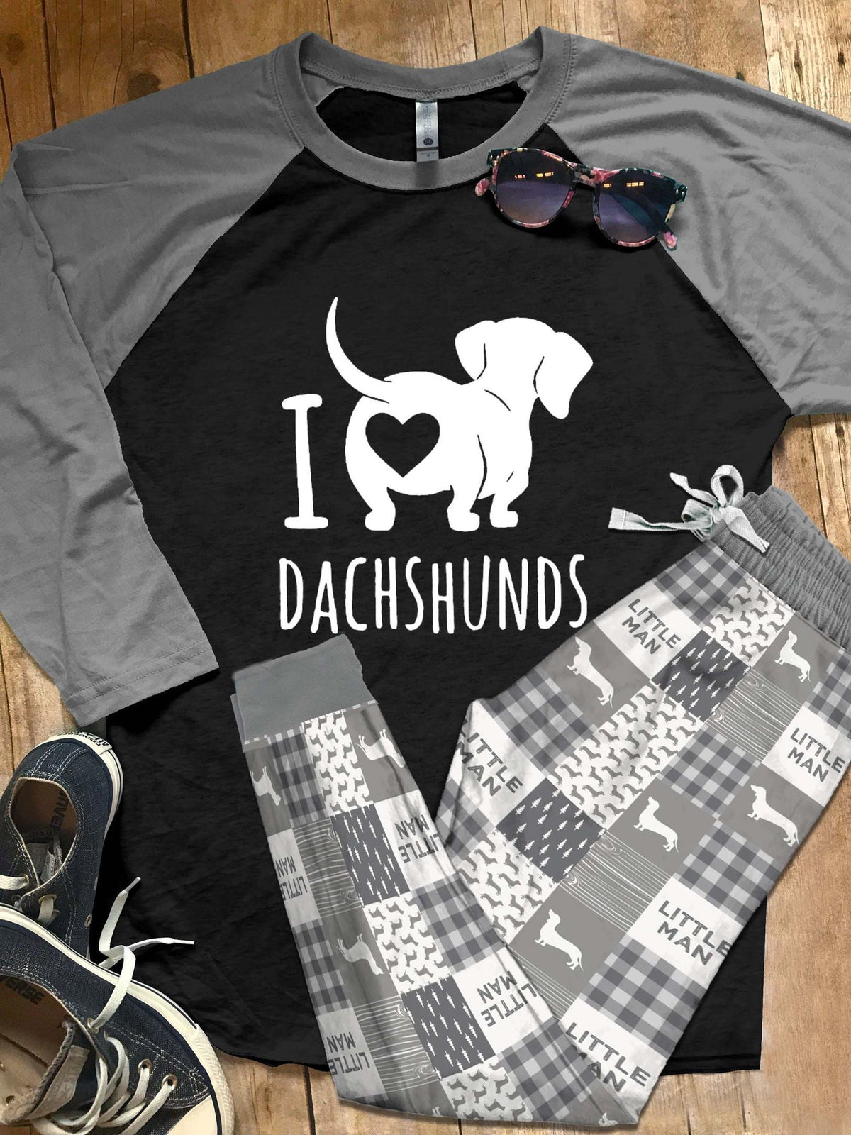 Dachshund Set I Love Dachshunds Pajama Set |Sleepwear Pjs Sets | Raglan Shirt Pants Set
