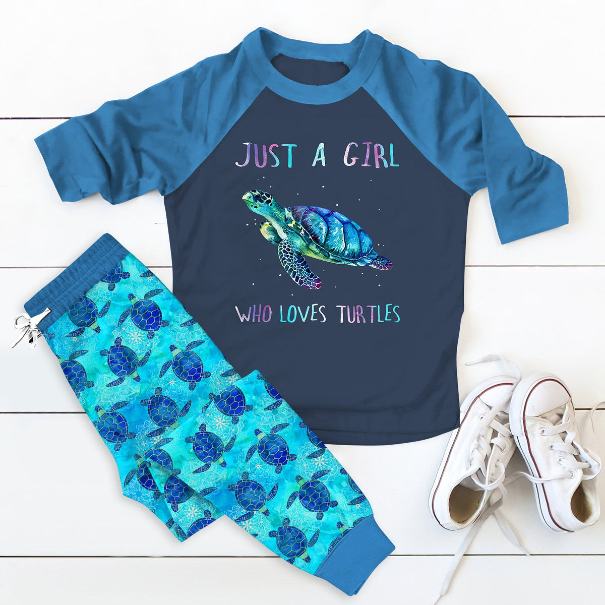 Sea Turtle Set Just A Girl Who Loves Sea Turtle Pajama Set |Sleepwear Pjs Sets | Raglan Shirt Pants Set