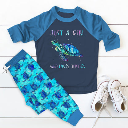 Sea Turtle Set Just A Girl Who Loves Sea Turtle Pajama Set |Sleepwear Pjs Sets | Raglan Shirt Pants Set