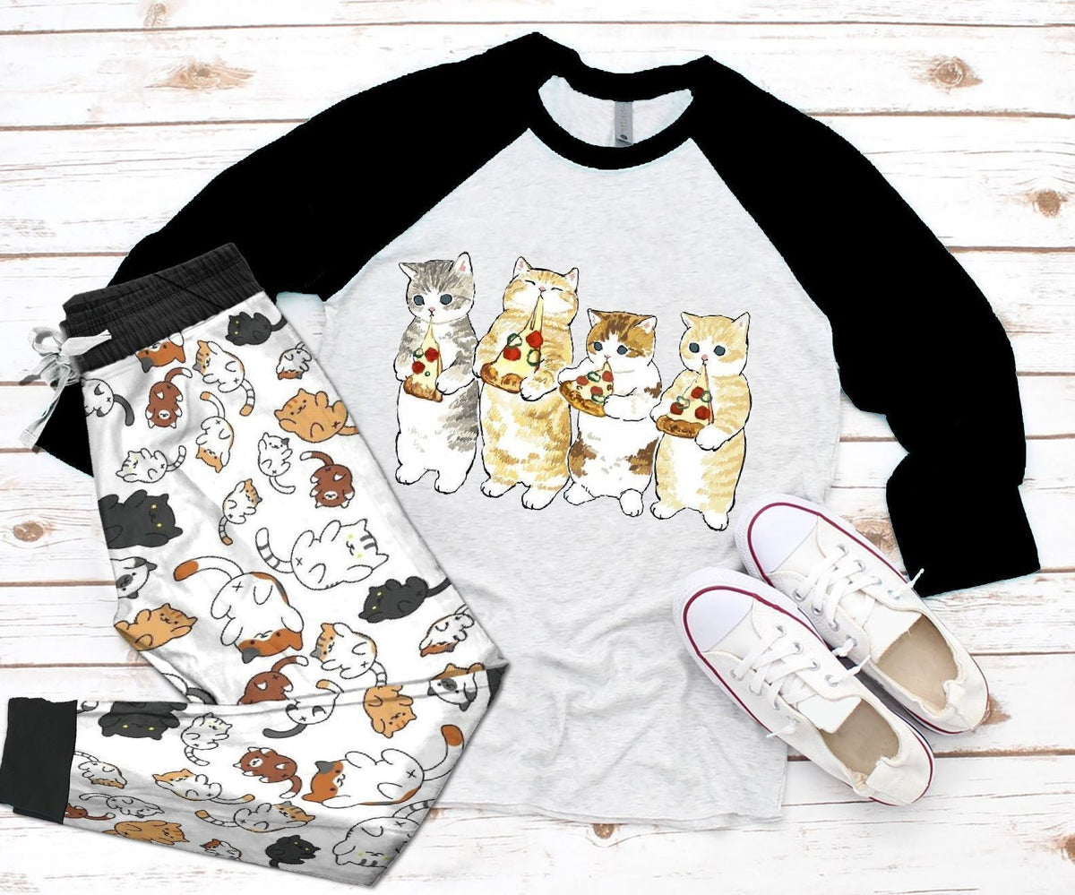 Cat Black High Quality Pajama Set |Sleepwear Pjs Sets | Raglan Shirt Pants Set