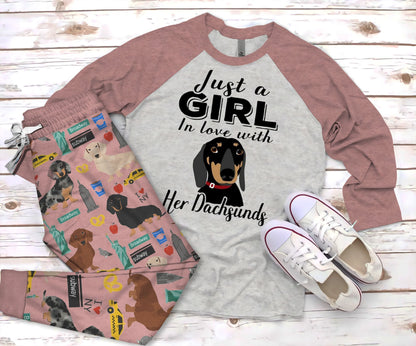 Dachshund Just A Girl Pajama Set |Sleepwear Pjs Sets | Raglan Shirt Pants Set
