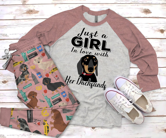 Dachshund Just A Girl Pajama Set |Sleepwear Pjs Sets | Raglan Shirt Pants Set