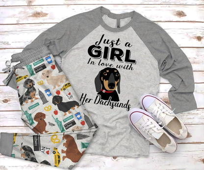 Dachshund Just A Girl Pajama Set |Sleepwear Pjs Sets | Raglan Shirt Pants Set