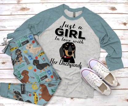 Dachshund Just A Girl Pajama Set |Sleepwear Pjs Sets | Raglan Shirt Pants Set