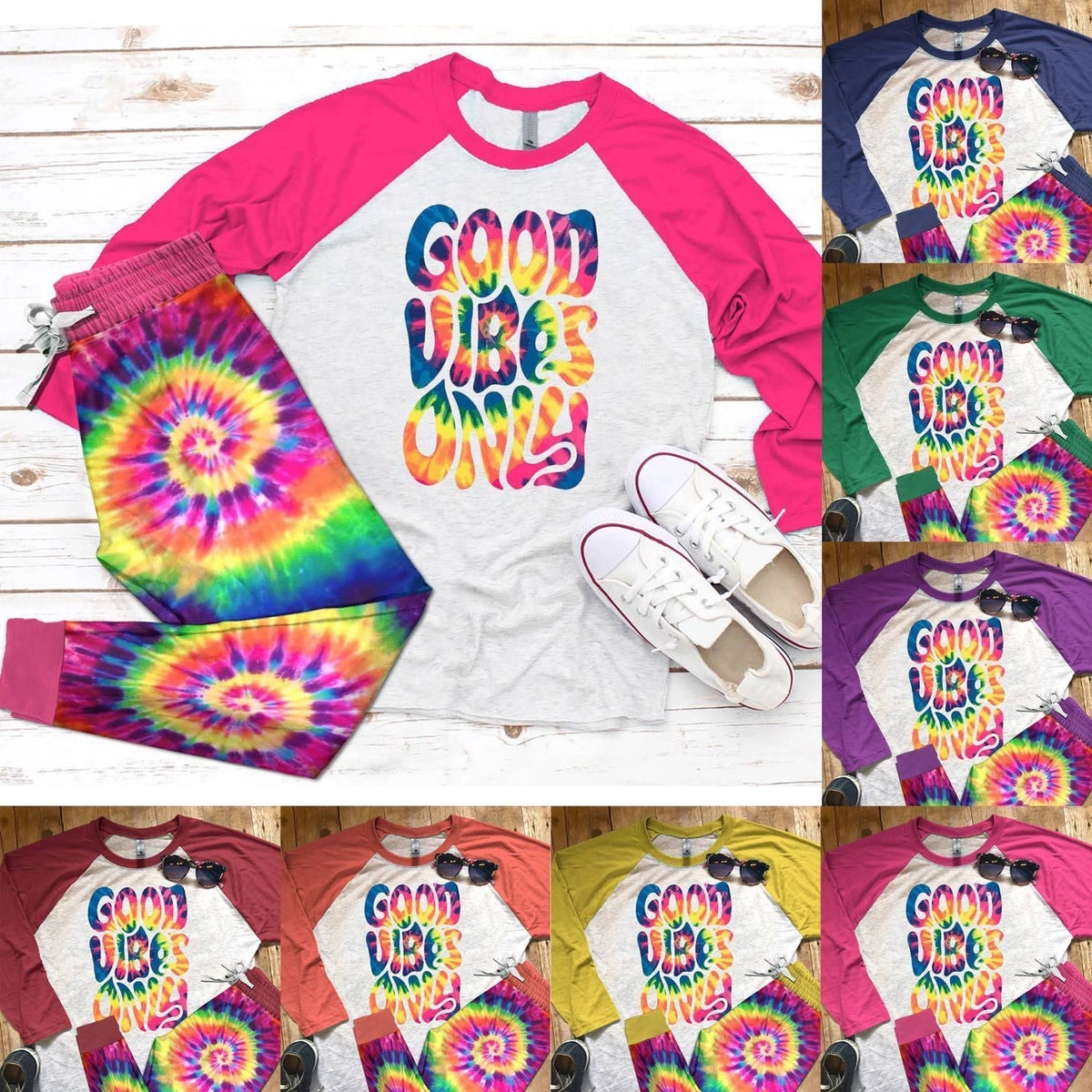 Hippie Pajama Good Vibes Only Pajama Set |Sleepwear Pjs Sets | Raglan Shirt Pants Set