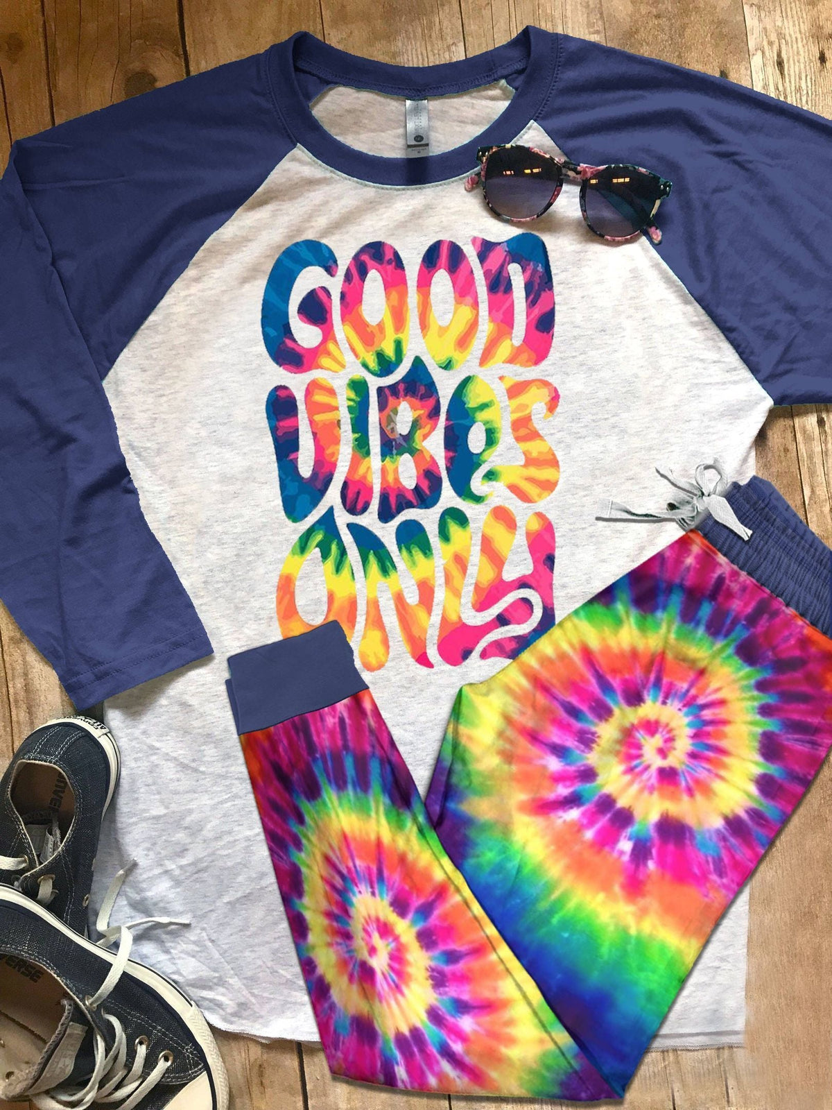 Hippie Pajama Good Vibes Only Pajama Set |Sleepwear Pjs Sets | Raglan Shirt Pants Set