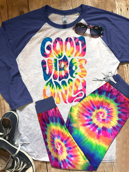 Hippie Pajama Good Vibes Only Pajama Set |Sleepwear Pjs Sets | Raglan Shirt Pants Set