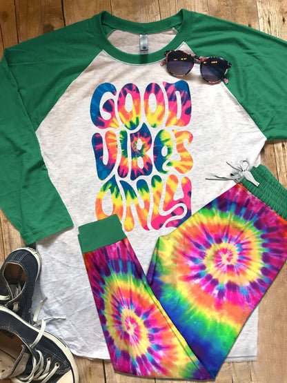 Hippie Pajama Good Vibes Only Pajama Set |Sleepwear Pjs Sets | Raglan Shirt Pants Set