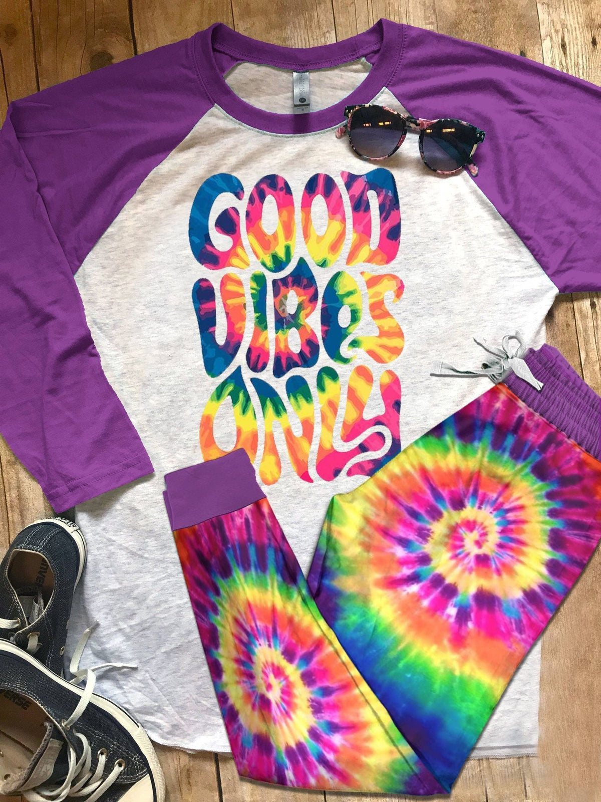 Hippie Pajama Good Vibes Only Pajama Set |Sleepwear Pjs Sets | Raglan Shirt Pants Set