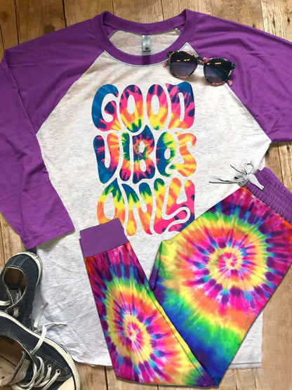 Hippie Pajama Good Vibes Only Pajama Set |Sleepwear Pjs Sets | Raglan Shirt Pants Set
