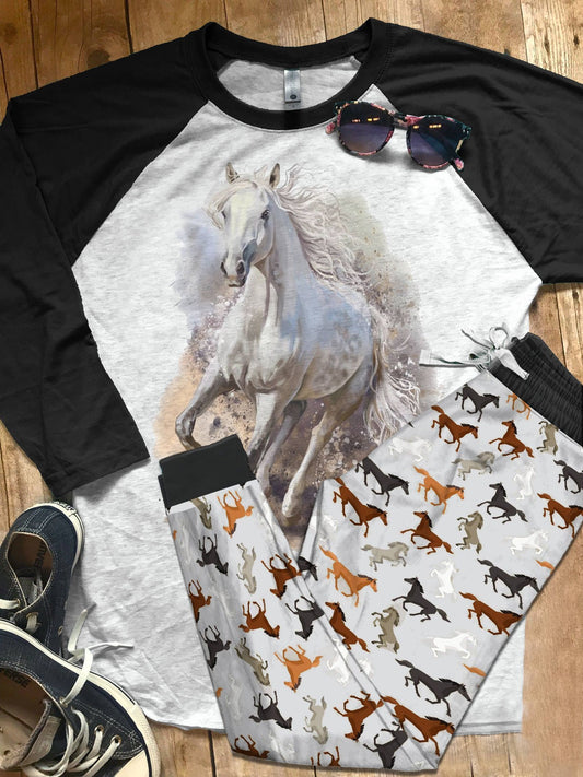 Horse Set White Horse Artwork Black Unique Pajama Set |Sleepwear Pjs Sets | Raglan Shirt Pants Set