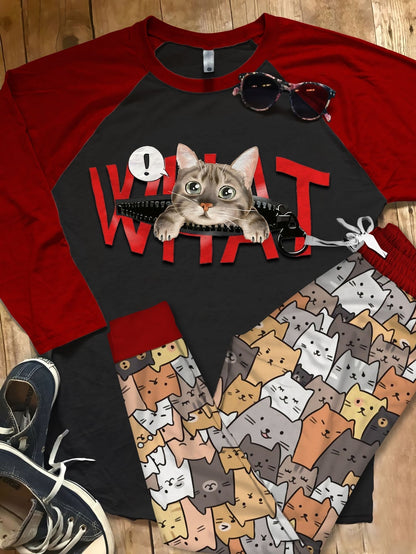 Cat What Pajama Set |Sleepwear Pjs Sets | Raglan Shirt Pants Set