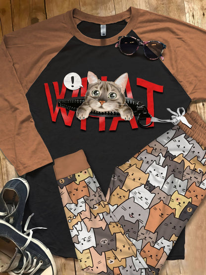 Cat What Pajama Set |Sleepwear Pjs Sets | Raglan Shirt Pants Set