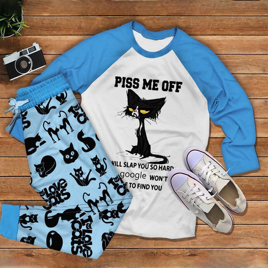 Black Cat Piss Me Off Pajama Set |Sleepwear Pjs Sets | Raglan Shirt Pants Set