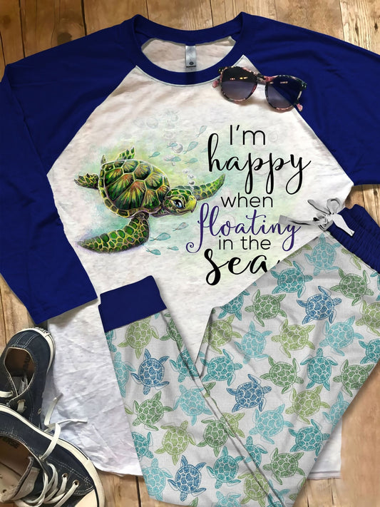 Sea Turtle Happy Pajama Set |Sleepwear Pjs Sets | Raglan Shirt Pants Set
