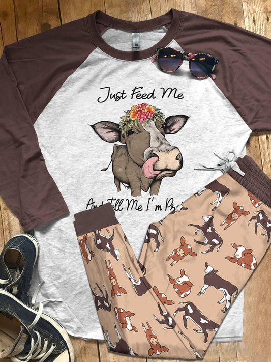 Cow Set Just Feed Me And Tell Me I'M Pretty Pajama Set |Sleepwear Pjs Sets | Raglan Shirt Pants Set