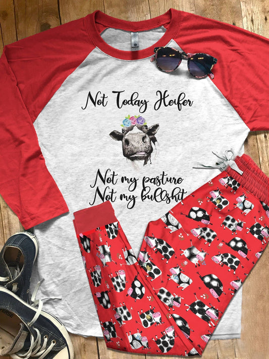 Cow Set Not Today Heifer Pajama Set |Sleepwear Pjs Sets | Raglan Shirt Pants Set