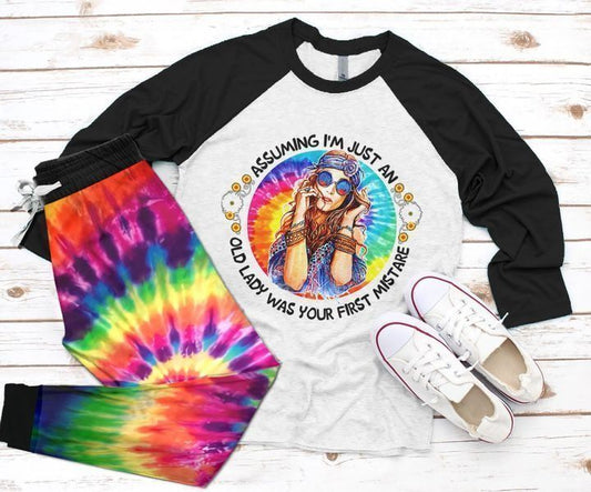 Hippie Colorful Old Lady Pajama Set |Sleepwear Pjs Sets | Raglan Shirt Pants Set