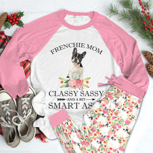 French Bulldog Pied Frenchie Mom Pajama Set |Sleepwear Pjs Sets | Raglan Shirt Pants Set
