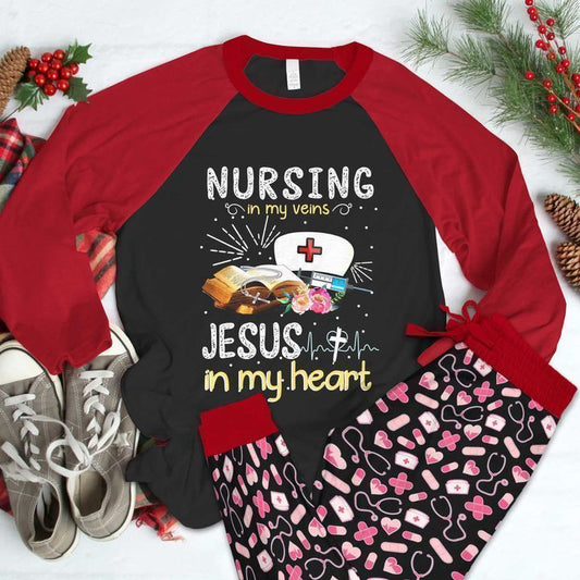 Nurse Jesus Heart Red Awesome Pajama Set |Sleepwear Pjs Sets | Raglan Shirt Pants Set