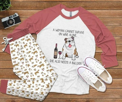 Bulldog Wine Pajama Set |Sleepwear Pjs Sets | Raglan Shirt Pants Set