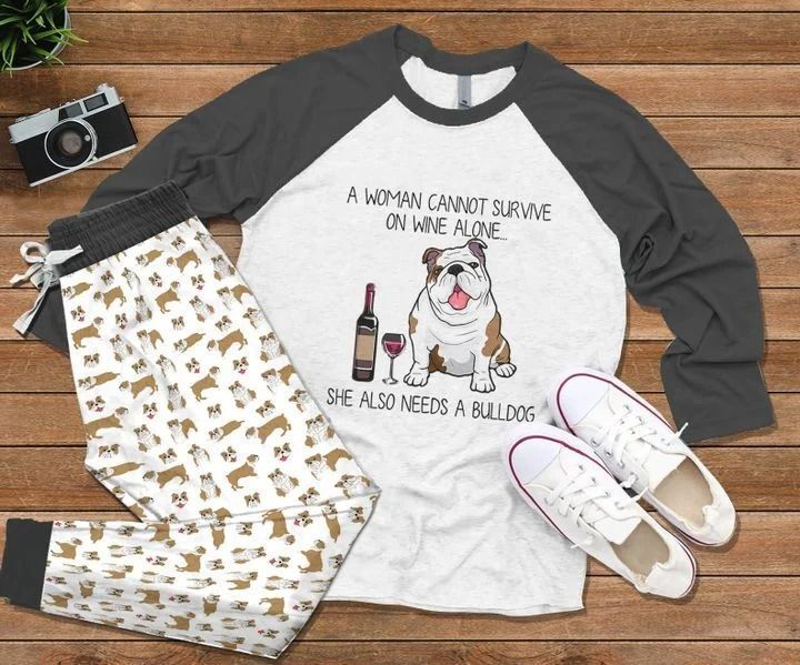 Bulldog Wine Pajama Set |Sleepwear Pjs Sets | Raglan Shirt Pants Set