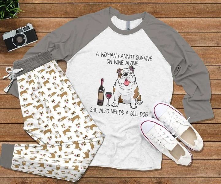Bulldog Wine Pajama Set |Sleepwear Pjs Sets | Raglan Shirt Pants Set