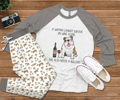 Bulldog Wine Pajama Set |Sleepwear Pjs Sets | Raglan Shirt Pants Set