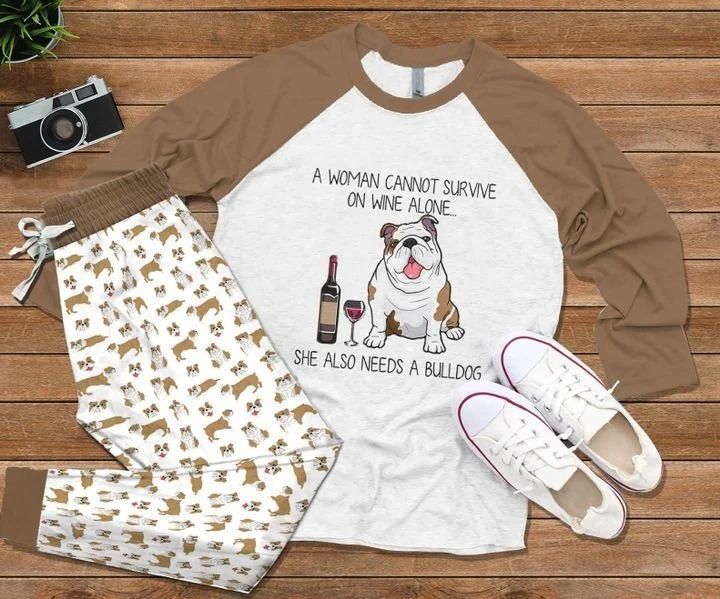 Bulldog Wine Pajama Set |Sleepwear Pjs Sets | Raglan Shirt Pants Set