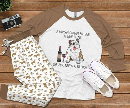 Bulldog Wine Pajama Set |Sleepwear Pjs Sets | Raglan Shirt Pants Set