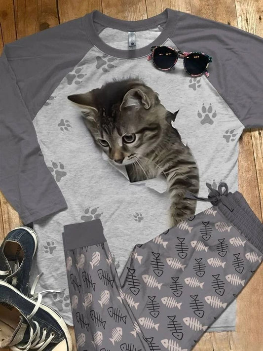 Cat Lovely Kitten Grey Best Pajama Set |Sleepwear Pjs Sets | Raglan Shirt Pants Set