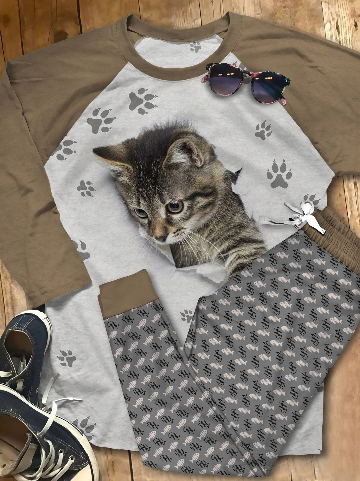 Cat Lovely Kitten Grey Best Pajama Set |Sleepwear Pjs Sets | Raglan Shirt Pants Set