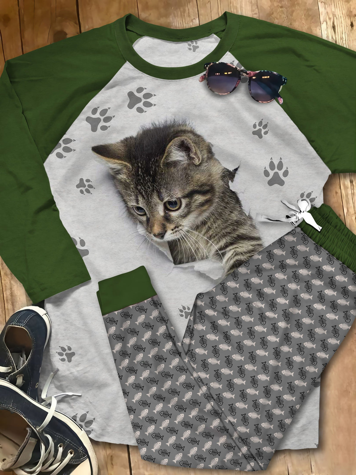 Cat Lovely Kitten Grey Best Pajama Set |Sleepwear Pjs Sets | Raglan Shirt Pants Set