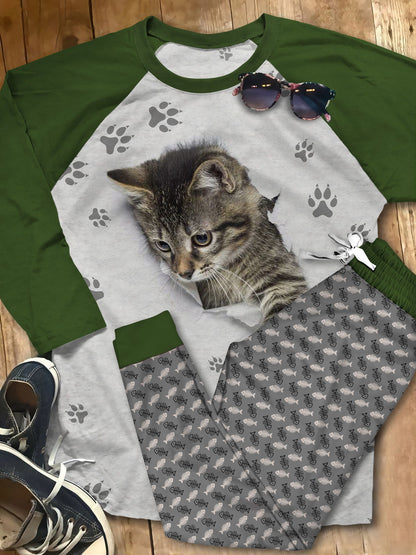 Cat Lovely Kitten Grey Best Pajama Set |Sleepwear Pjs Sets | Raglan Shirt Pants Set